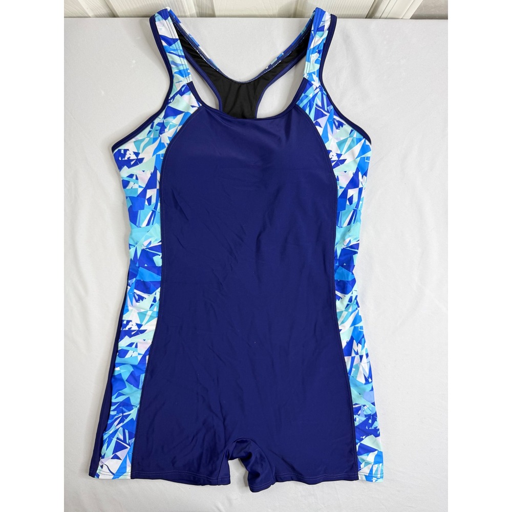 Womens Navy Blue Geometric Print Racerback Boyleg Swimsuit XL Athletic Swimwear